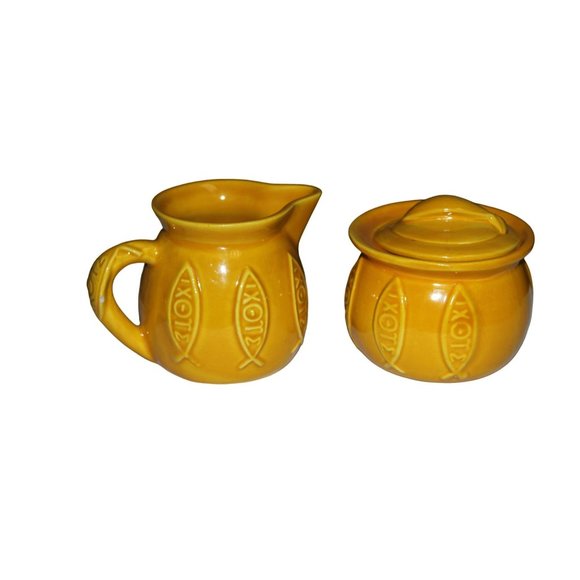 Creamer and Sugar Ceramic Dishes with Greek Writing Detail - Picture 2 of 10